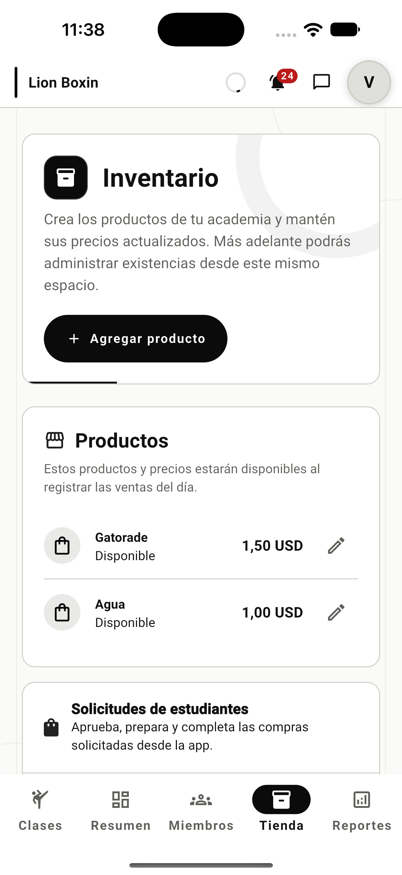 Academy Manager: catálogo de productos y precios de la tienda de la academia.
