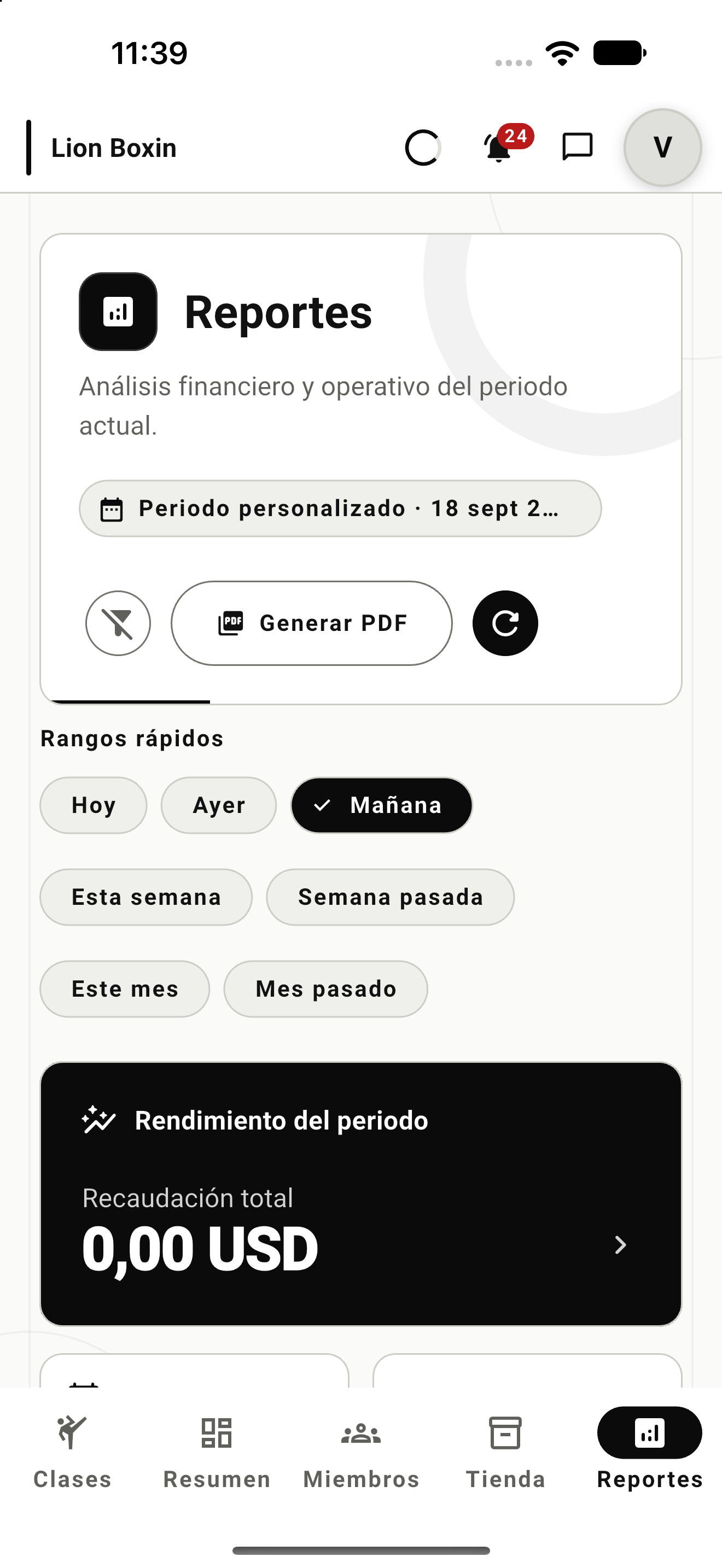 Academy Manager: reportes financieros y operativos con filtros por fecha y generación de PDF.