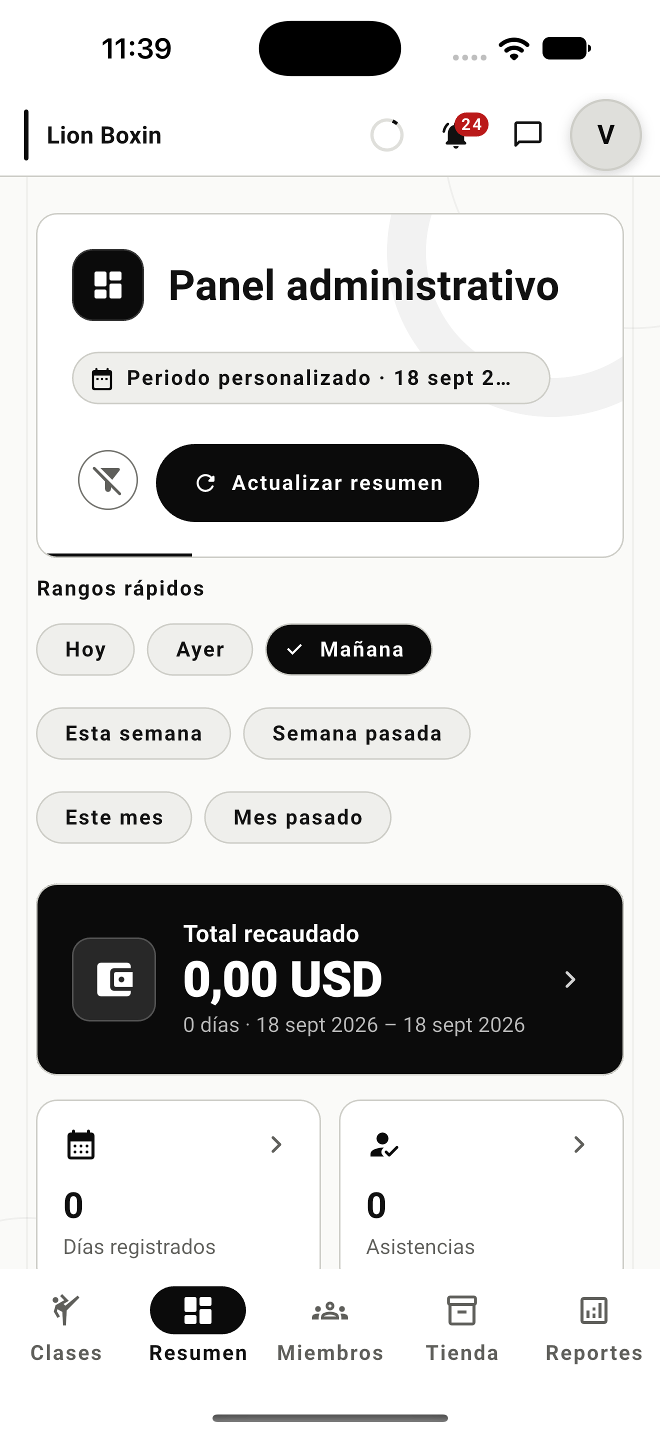Academy Manager: panel administrativo con selección de periodo, recaudación y asistencia.